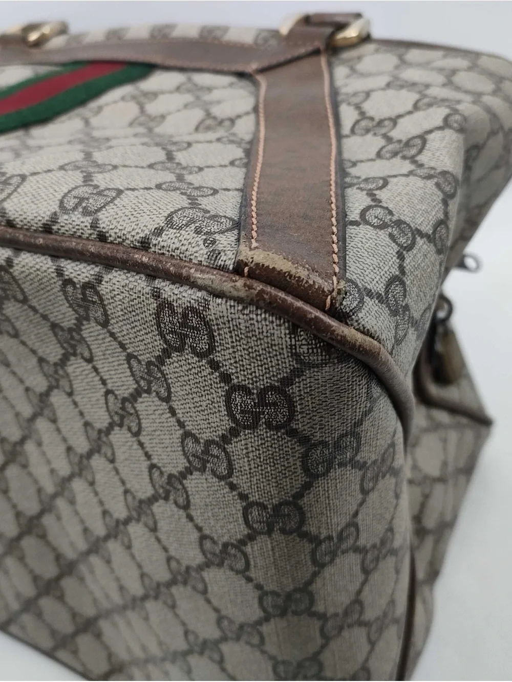 1990’s Duffle Boston 36 Beige-Brown Monogram Canvas Satchel Green-Red Web bag